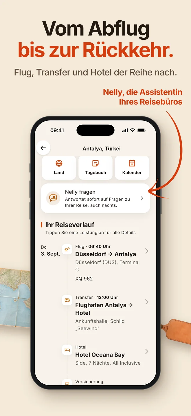 Vom Abflug bis zur Rückkehr. Flug, Transfer und Hotel der Reihe nach.